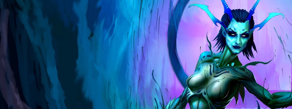 蓝绿皮肤奇幻女妖 异次元洞穴游戏原画双屏壁纸