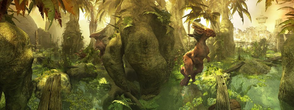 暖光奇幻异世界沼泽 远古异兽遗迹双屏游戏壁纸
