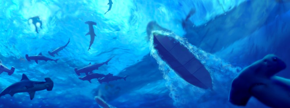 蓝调深海群游锤头鲨水下奇幻插画