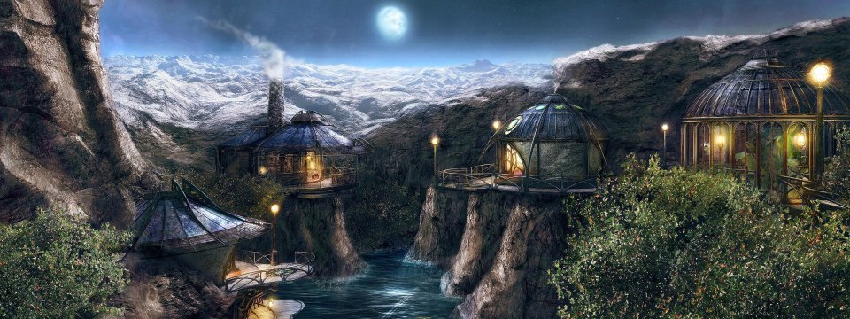 满月雪山峡谷奇幻崖边小屋夜景