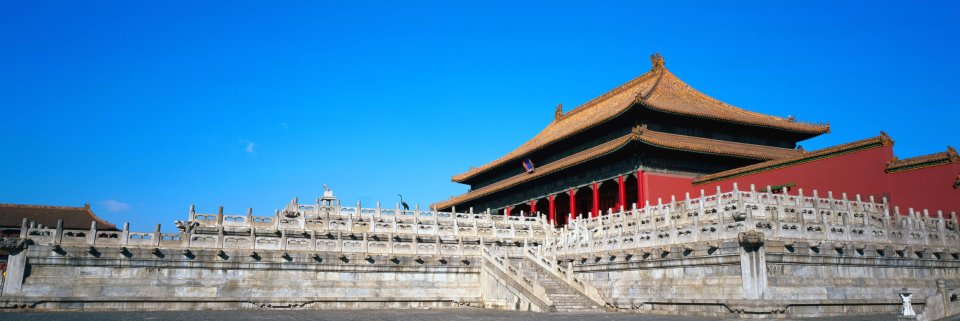 北京故宫紫禁城皇家宫殿晴朗蓝天全景风光