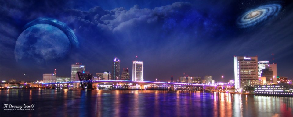超现实CG梦幻城市夜景 星空下的巨型蓝月与螺旋星系
