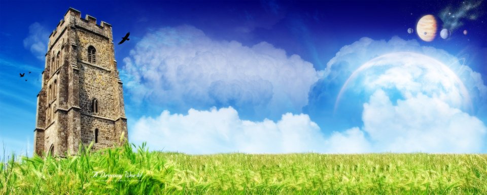 Fantasy Ancient Stone Tower Green Meadow Alien Sky Cg Wallpaper