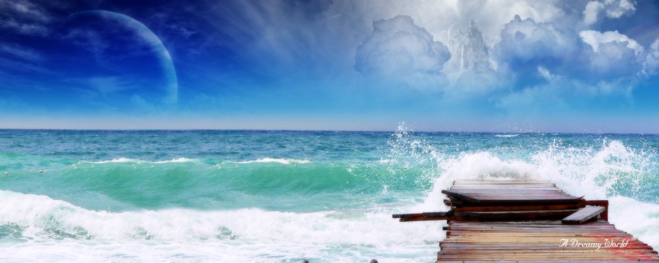 Surreal Fantasy Ocean Scene Broken Wood Pier Alien Planet Sky Castle