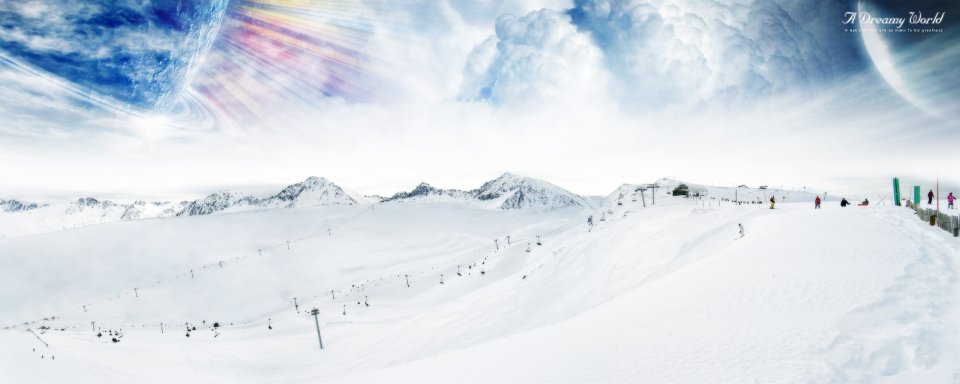 奇幻异星天空下的雪山滑雪场梦幻CG艺术场景