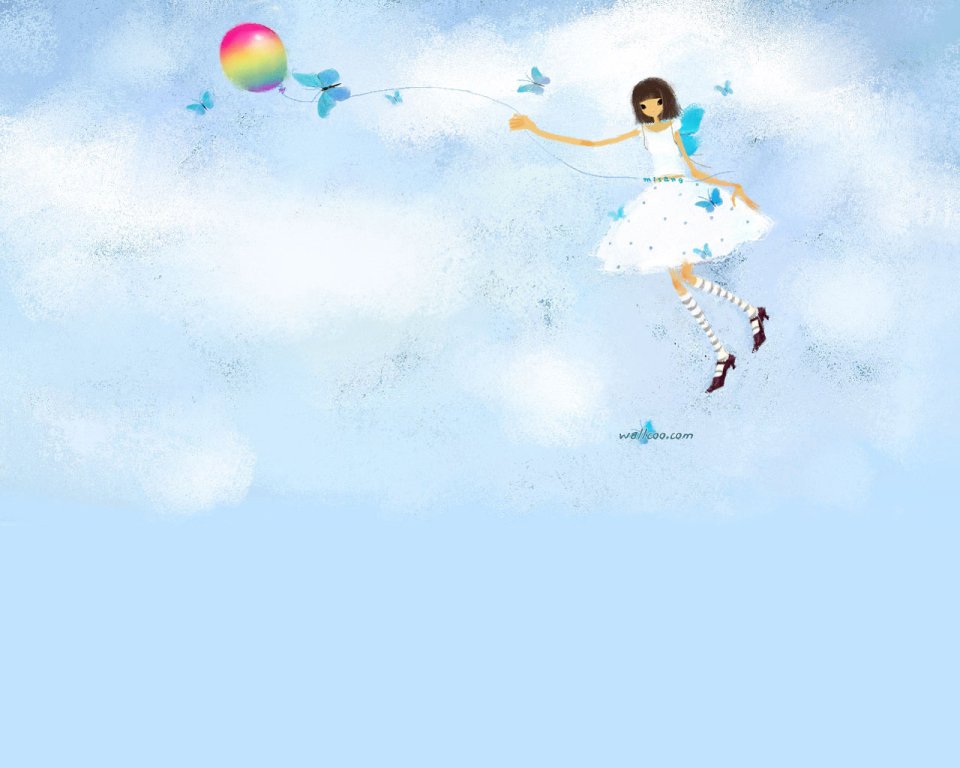 梦幻少女与彩虹气球插画
