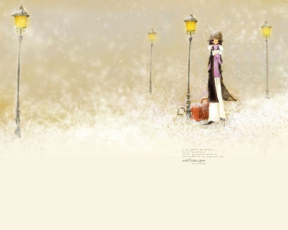 Mizzi插画：冬日雪夜下的思念少女