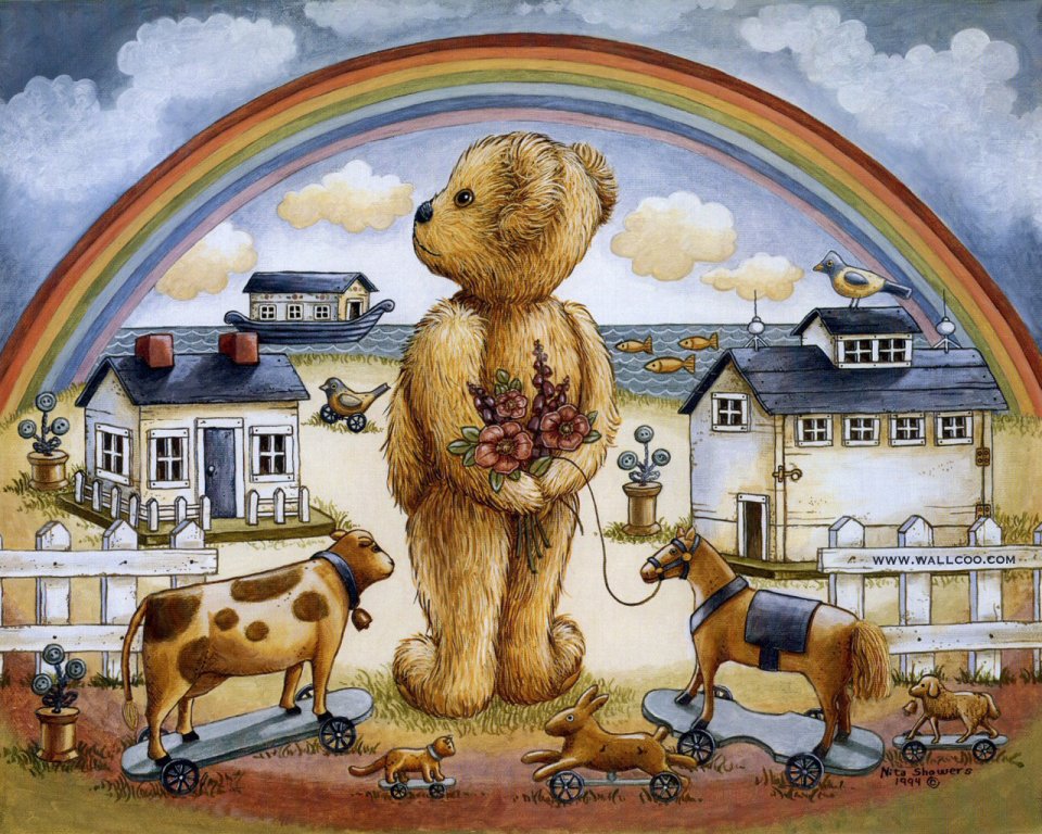 Nita Showers 创作 彩虹下手捧花泰迪熊复古童趣插画