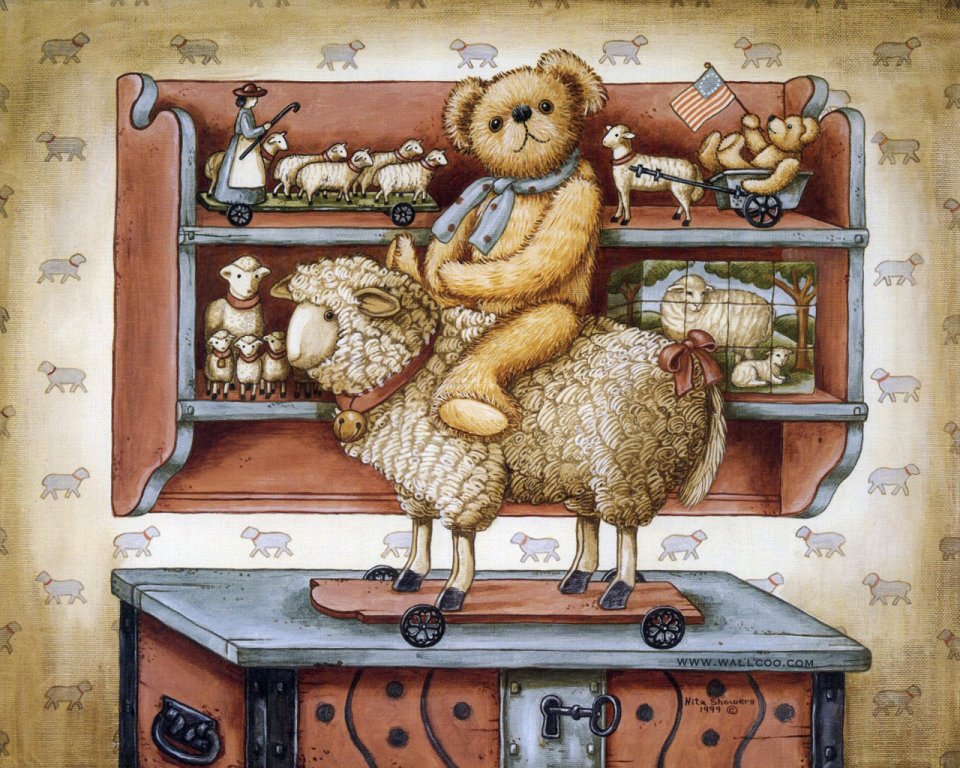 Nita Showers Vintage Teddy Bear And Sheep Toys Illustration