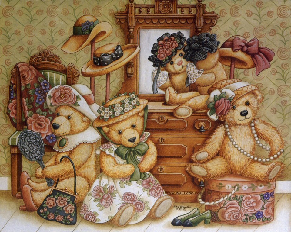 Vintage Teddy Bears Dressing Room Illustration By Nita Showers