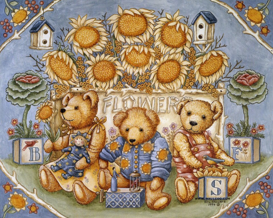 Nita Showers Vintage Teddy Bears Sunflowers Illustration