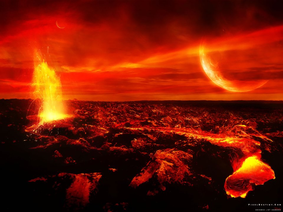 科幻异星熔岩地貌 火山喷发双红月艺术场景