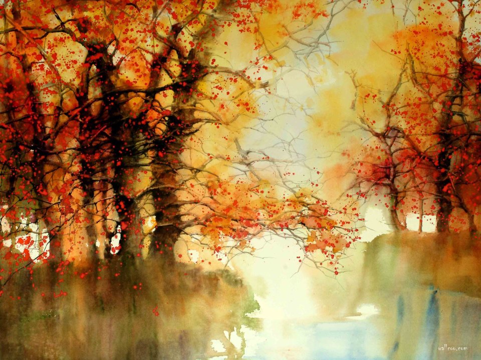 Z.L.Feng 秋日湖畔红枫水彩风景画