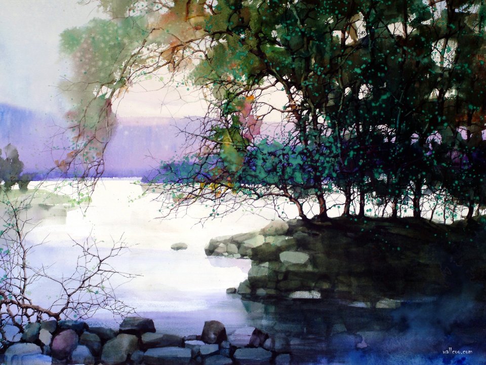 Zlfeng Quiet Lakeside Landscape Watercolor Painting