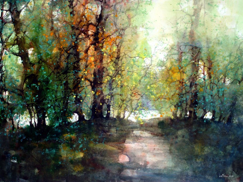 Zl Feng Watercolor Forest Stream Morning Scenery