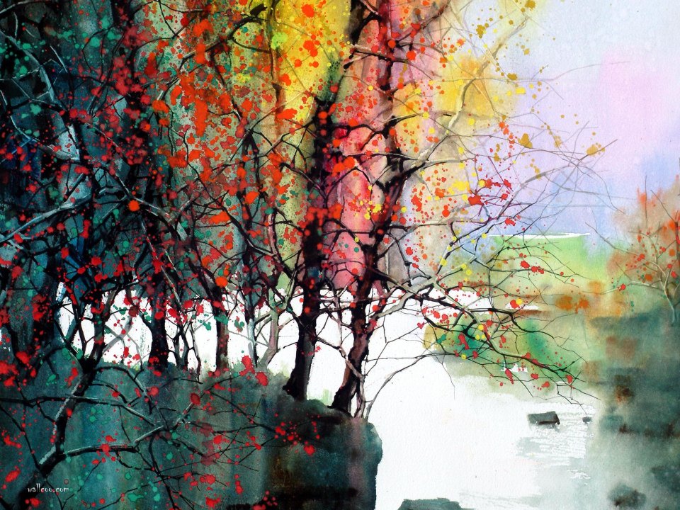 Zlfeng Watercolor Painting Autumn Red Forest Stream Landscape