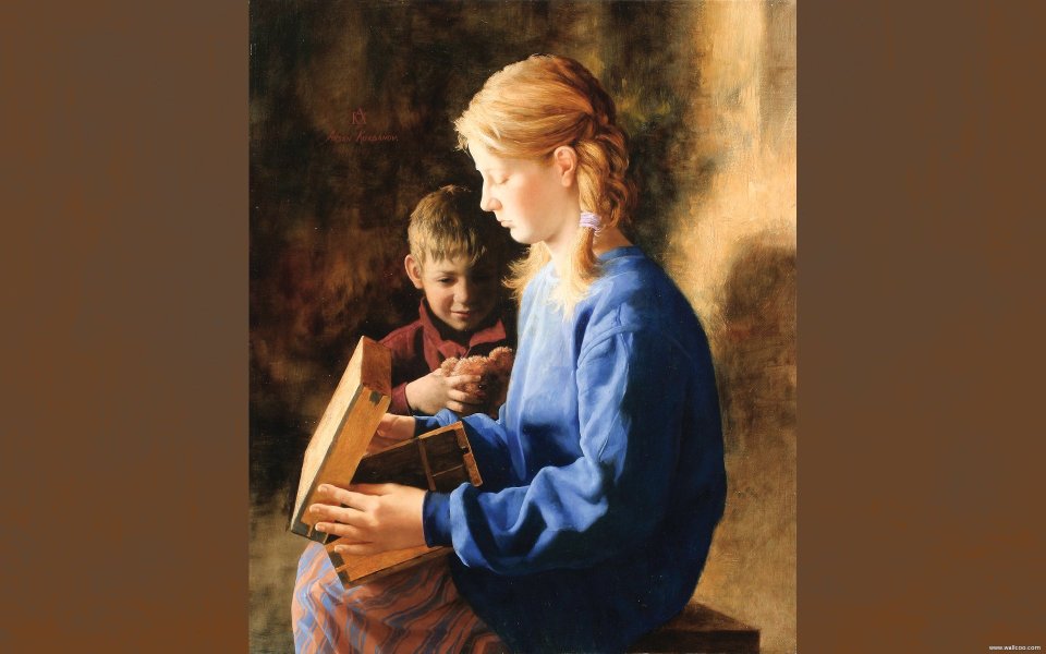 Sister And Brother Looking At Wooden Box Classical Realistic Oil Painting