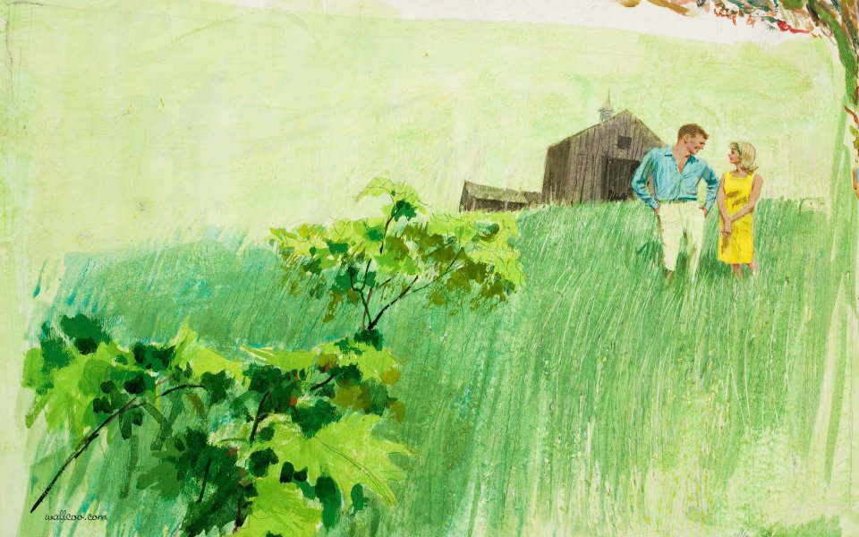 Wheat Field Couple Walking Vintage Magazine Story Illustration