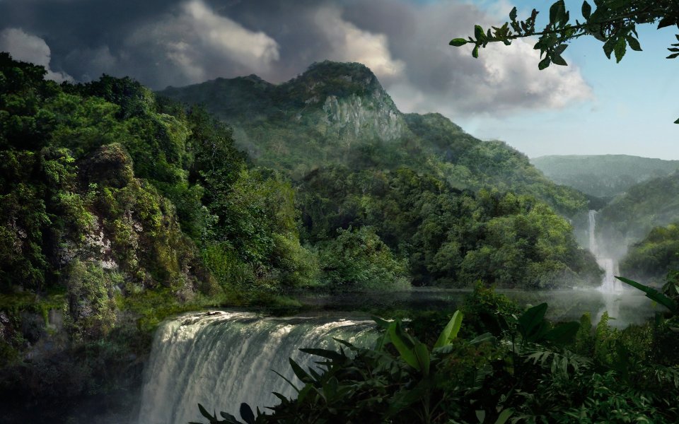 Tropical Rainforest Double Waterfall Mountain Natural Landscape