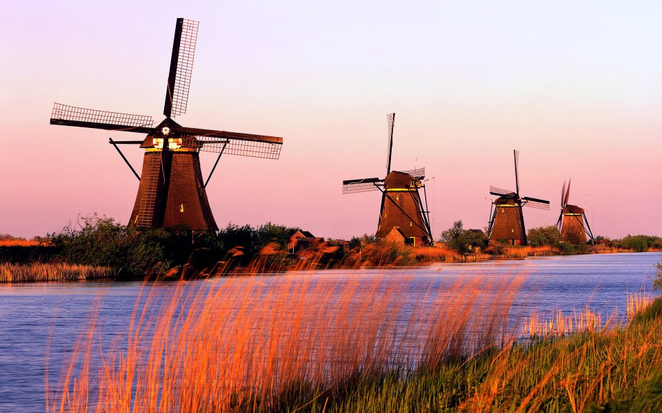 Netherlands Kinderdijk Windmills Dusk Canal Scenery