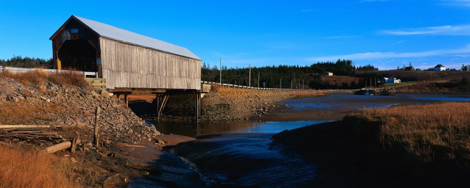 Sunny Day Rural Wooden Covered Bridge Riverside Scenery