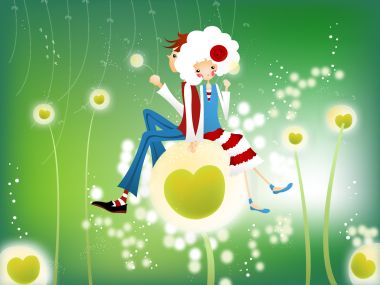 梦幻蒲公英下的浪漫情侣插画