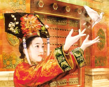 Qing Dynasty Manchu Girl Release White Dove Forbidden City Illustration