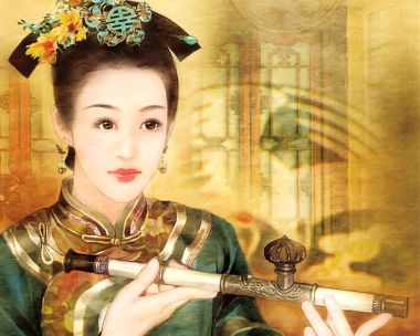 Ancient Chinese Qing Dynasty Beauty Holding Water Pipe Classical Illustration