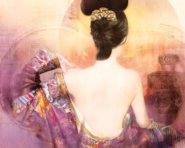暖调古风仕女露背传统华服国风水彩插画