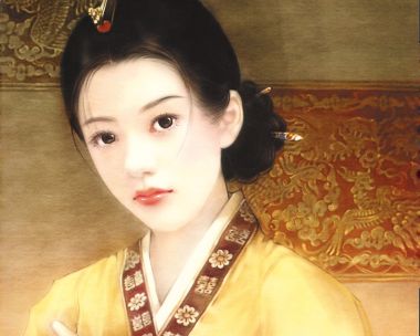 德珍手绘 中国古典明黄汉服温婉美人肖像