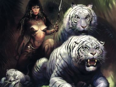 Ken Kelly 奇幻插画 丛林女战士与白虎家族