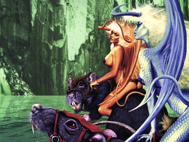 Jim Burns 重金属奇幻插画 峡谷女妖骑行巨型变异鼠