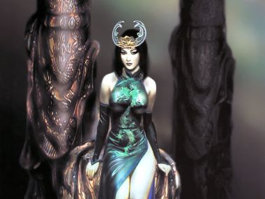 国风奇幻复古CG 身着青龙纹旗袍的冷艳东方女性