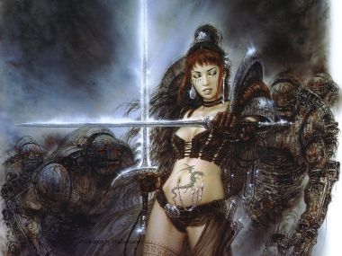 路易斯·罗佑 暗黑奇幻女战士持双剑交叉经典插画