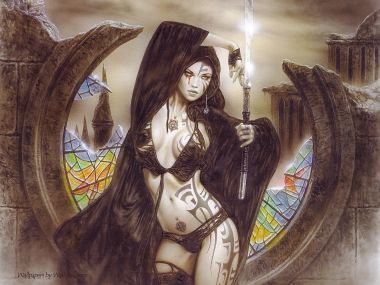路易斯·罗佑 暗黑奇幻持剑纹身女战士插画