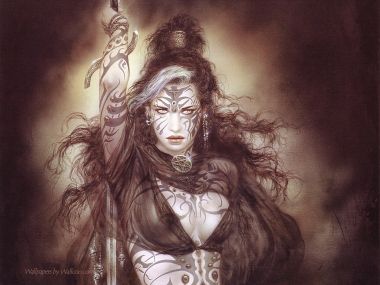 路易斯·罗佑 暗黑奇幻持剑纹身女战士插画