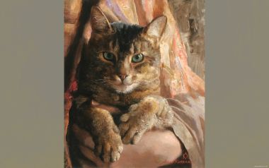Realistic Oil Painting Portrait Of Green Eyed Tabby Cat