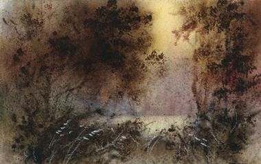 琥珀色晨曦森林水彩画