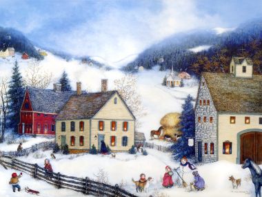 北美乡村冬日孩童嬉雪民俗油画