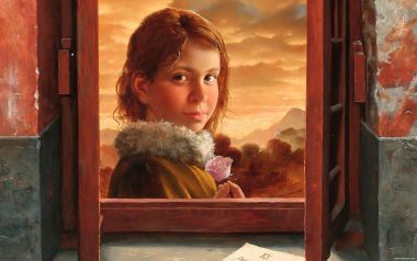 Arsen Kurbanov 持玫瑰窗边少女油画细节