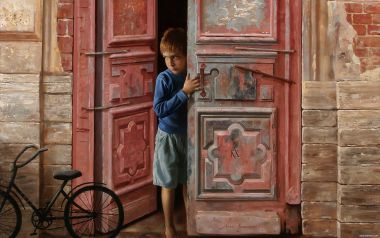 Arsen Kurbanov Boy By Door With Bicycle Oil Painting Detail