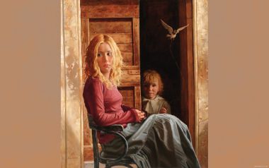 Arsen Kurbanov 写实油画 门边金发女子与孩童飞鸟