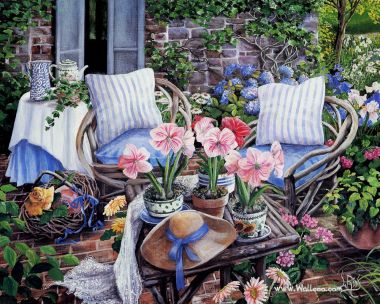 Susan Rios 油画 庭院朱顶红休闲露台