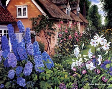 Susan Rios 乡村茅草屋飞燕草花园油画