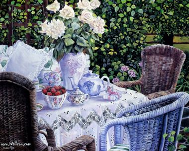 苏珊·里奥斯 花园下午茶静物油画《礼物即是你自己》
