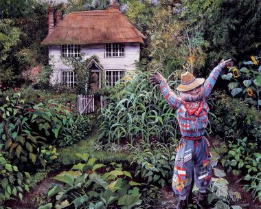 Susan Rios 田园油画 祖父母家花园稻草人