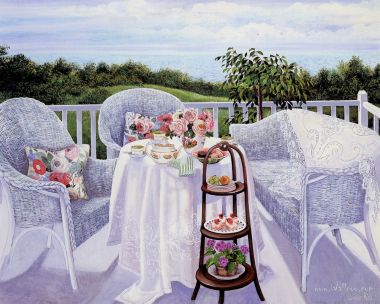Susan Rios 海岸露台下午茶油画