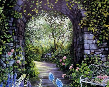 Susan Rios 油画 午后漫步 花园石拱门小径风景