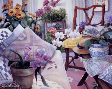 Susan Rios 窗边兰花家居静物油画