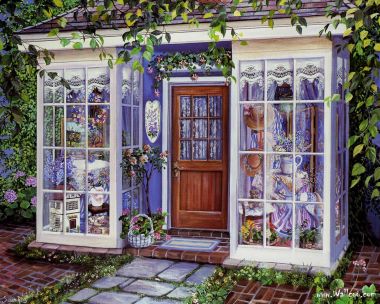 Susan Rios 油画作品《紫丁香与蕾丝》浪漫庭院小屋